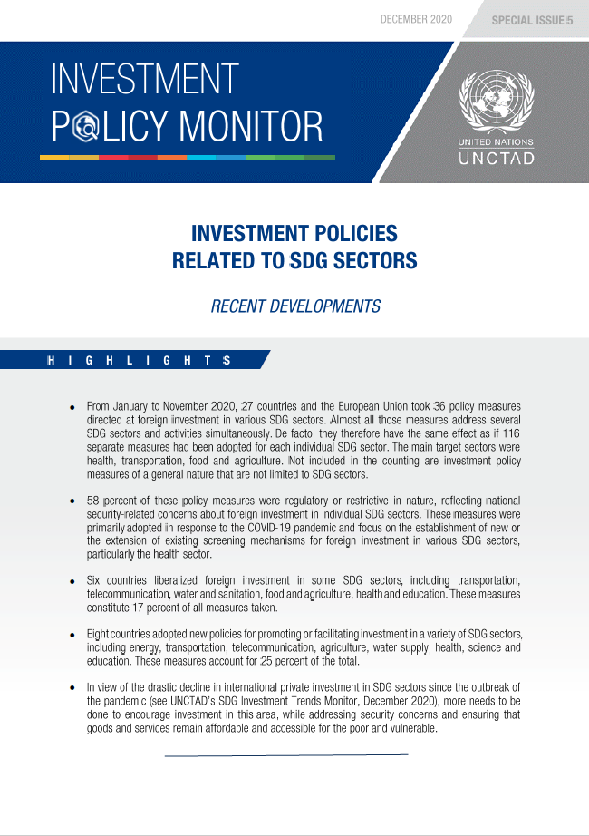 Investment Policies for SDG Sectors Recent developments in the Special